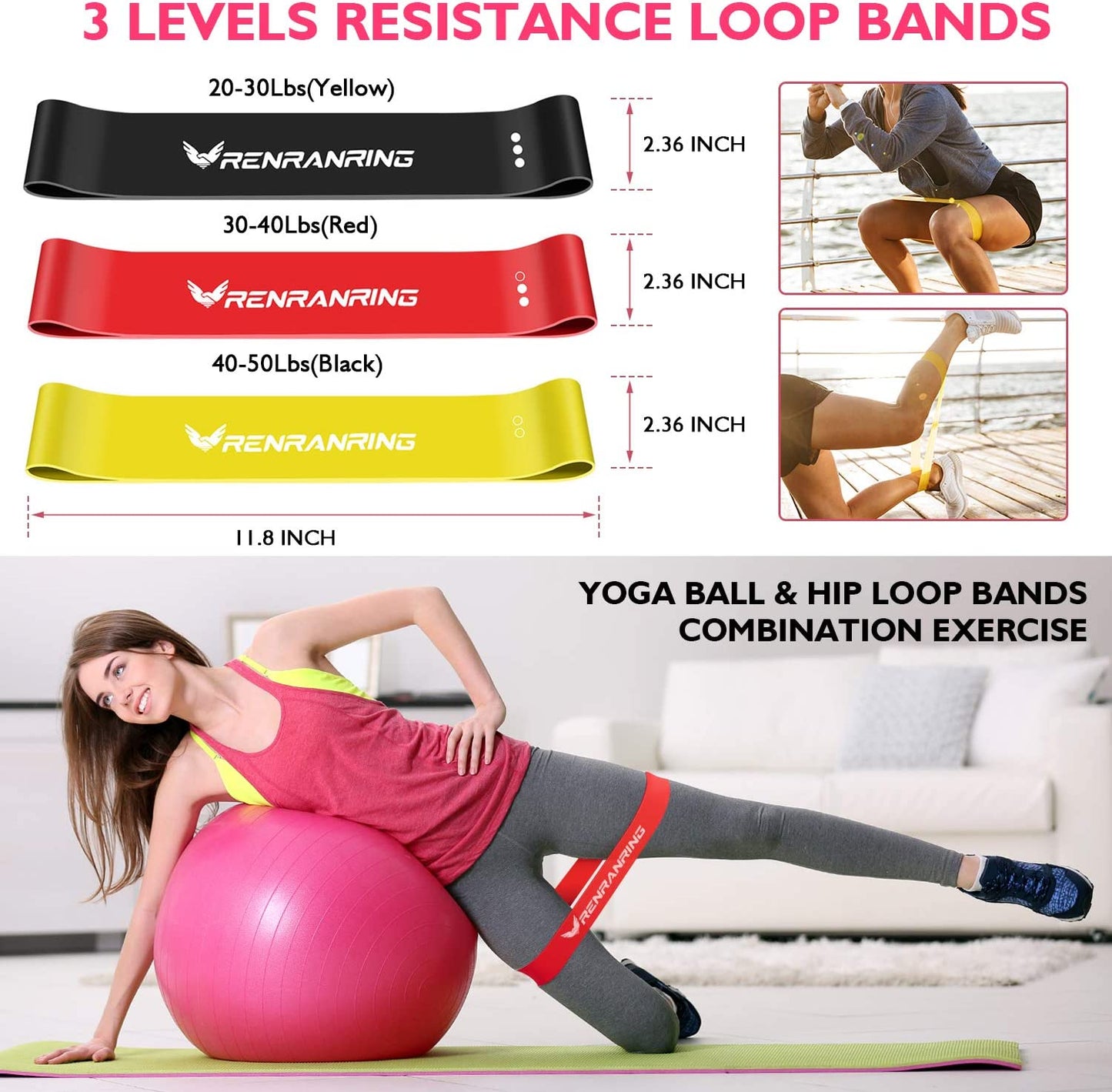 RENRANRING Exercise Ball for Yoga - 11-In-1 Yoga Ball Set with Resistance Bands, Yoga Block, Pump, Workout Balls for Exercise, Stability, Office Ball Chair, Home & Gyms (Pink)